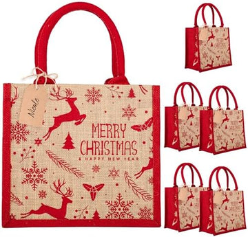 FOLIATE Christmas Jute Tote Bags – 6 Pack