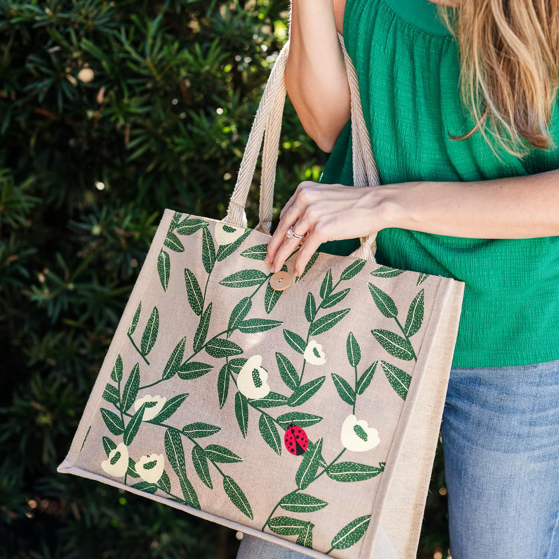 FOLIATE Reusable Juco Beach Tote Bag for Women - Waterproof Woven Cute Jute Gift Bag for Her Travel, Shopping, Everyday Use