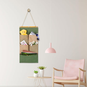 FOLIATE Wall Hanging Storage Holder Natural Jute Fabric Pockets File Organizer For Living Room Bathroom Magazine, newspaper, plant Organization 5 Pockets 27 x 14 Inches